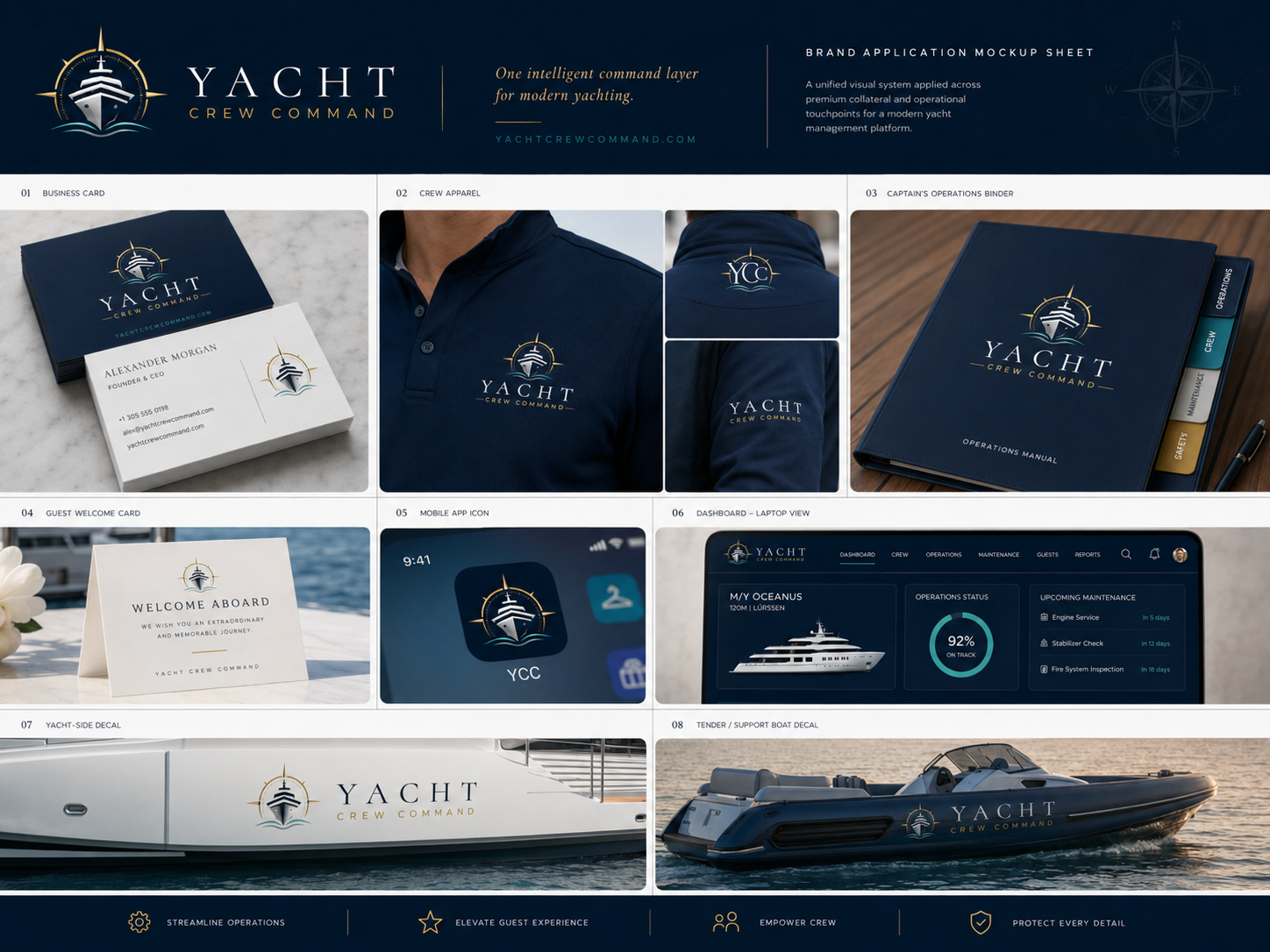 Yacht Crew Command brand application mockup sheet